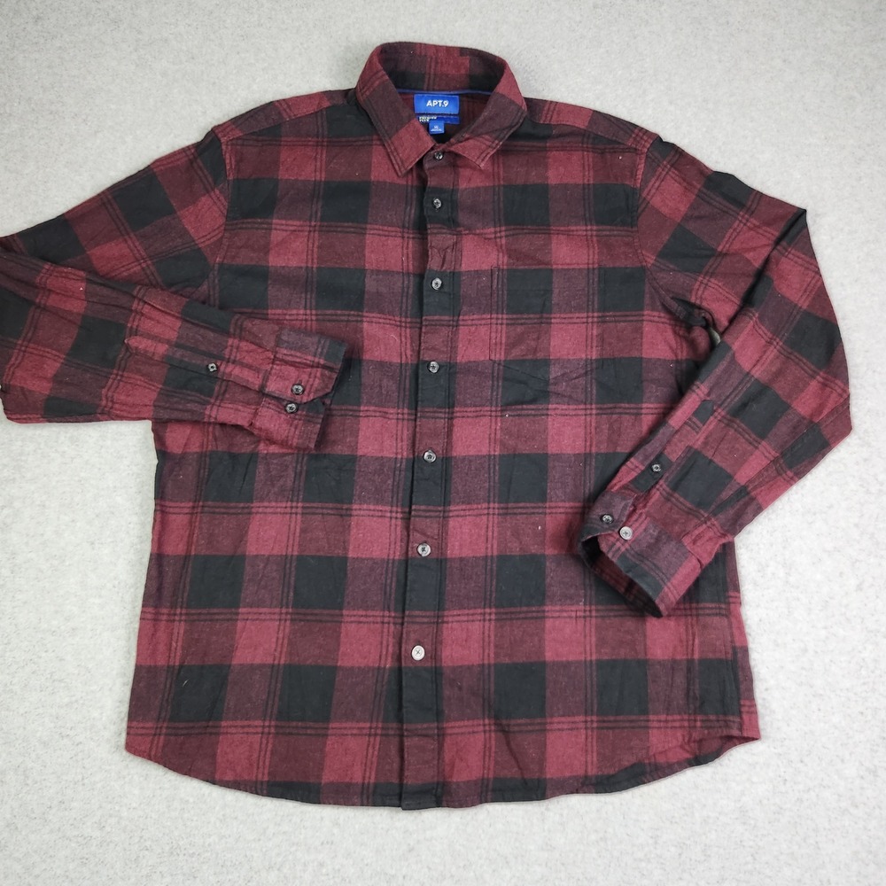 Apt. 9 Shirt Mens XL Burgundy Black Plaid Premier Flex Stretch Collar Button Up